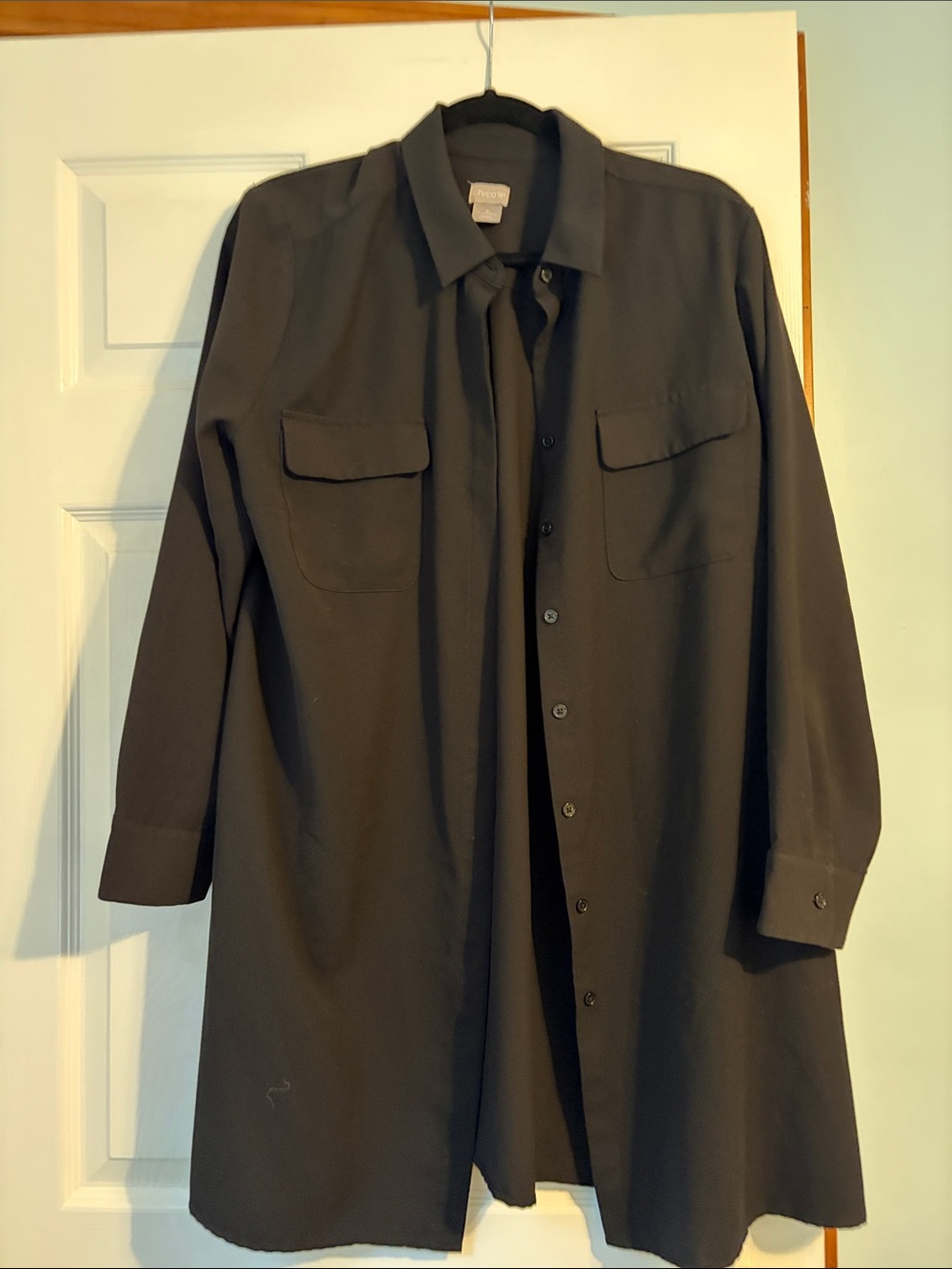 Chico's Black Longline Shirt Jacket with Chest Pockets